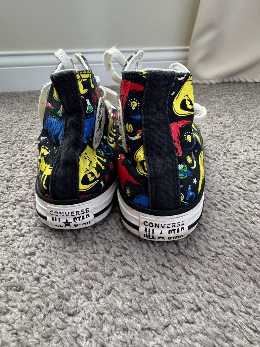 Kids Converse Sneakers with Colorful Dinosaur Print - Black/Yellow/Red/Blue